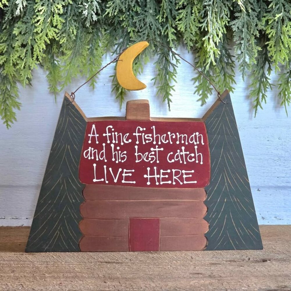 A Fine Fisherman and His Best Catch Live Here Wood Sign Cabin Decor Trees Moon